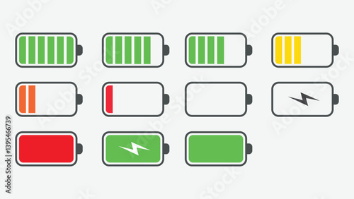 twelve battery icons arranged in three rows and four columns. Each icon displays different charge levels, from fully charged green batteries to low-charge red ones, and some symbols like a lightning b