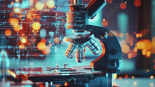 Obraz na płótnie Microscope with abstract glowing background suggesting science research and technological advancement. w salonie