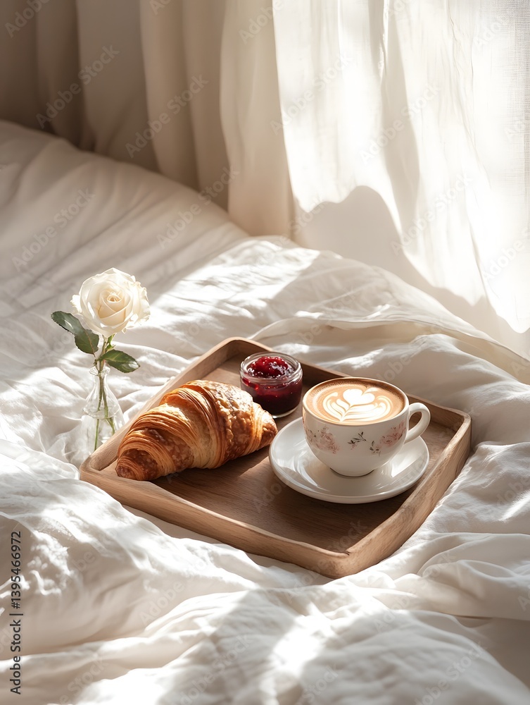 Breakfast in Bed: Cozy Morning with Fresh Croissants and Coffee