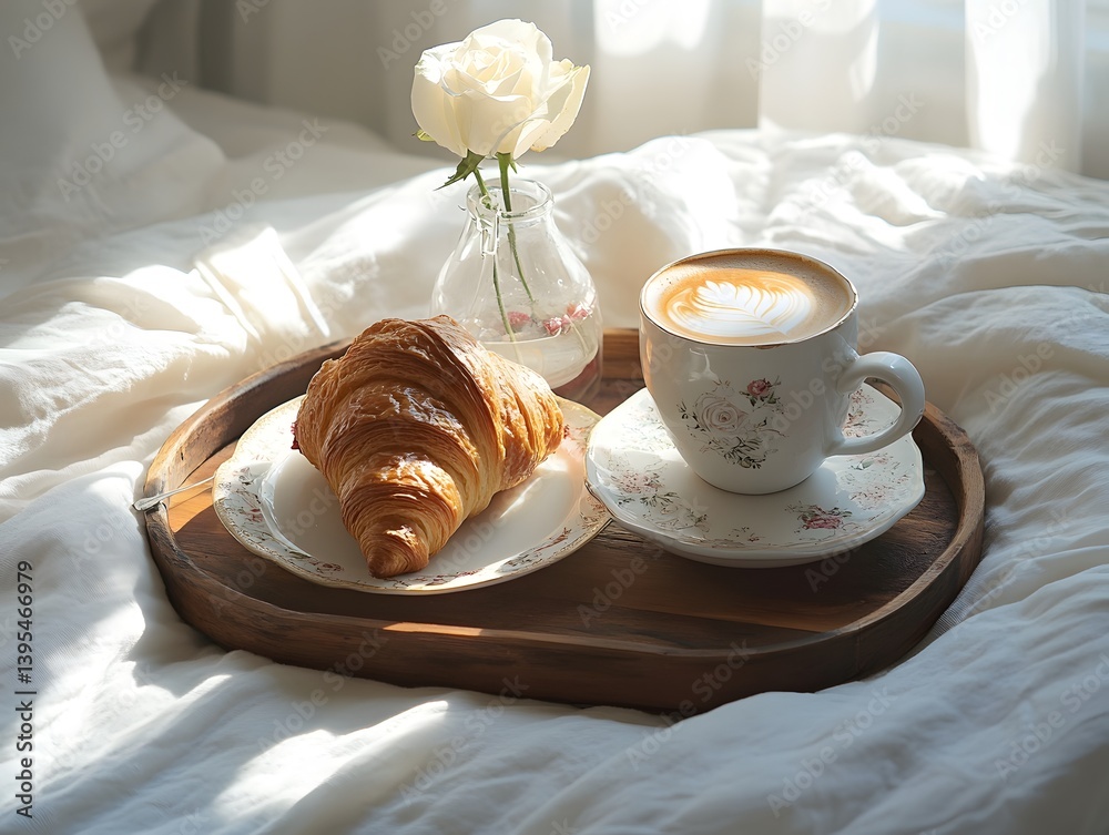 Breakfast in Bed: Cozy Morning with Fresh Croissants and Coffee
