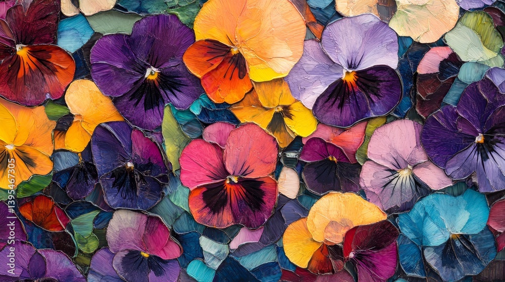 Colorful pansy flowers close up in a dense arrangement vibrant and textured.