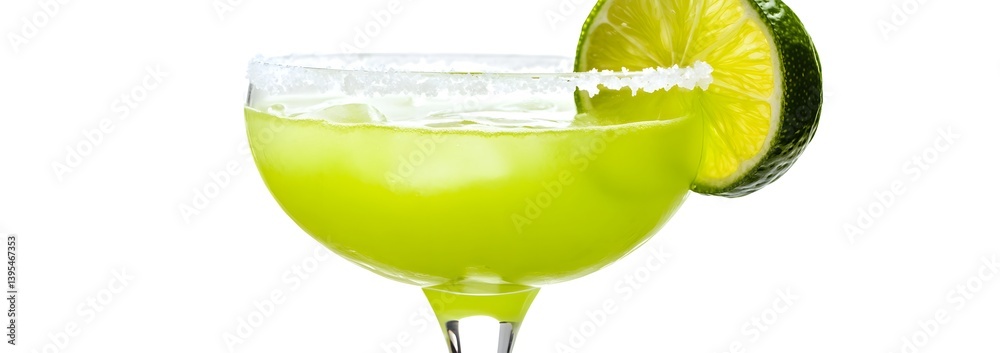 Classic Margarita Cocktail with Lime Wedge and Salt Rim on White Background