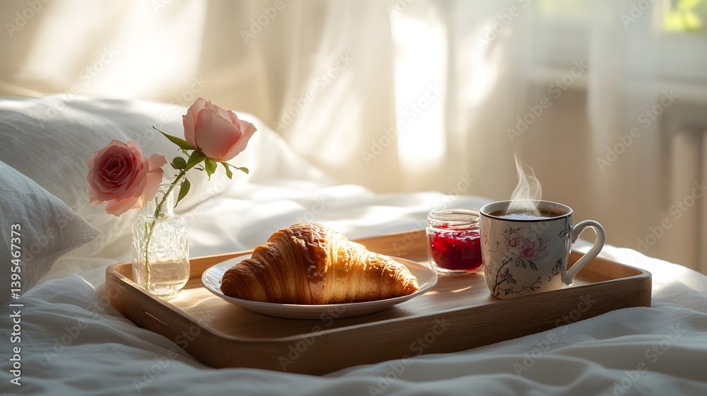 Breakfast in Bed: Cozy Morning with Fresh Croissants and Coffee