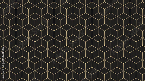Luxury geometric pattern of interconnected hexagons and cubes, created by thin gold lines on a black background. 