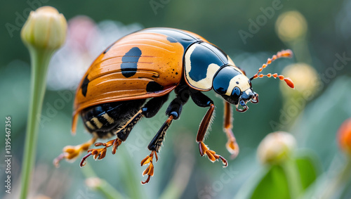 Detailed Close Up Of A Harlequin Ladybug On A Bud With Blurred Background photo