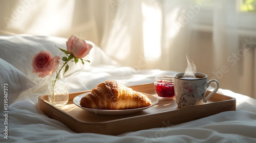 Obraz na płótnie Breakfast in Bed: Cozy Morning with Fresh Croissants and Coffee w salonie