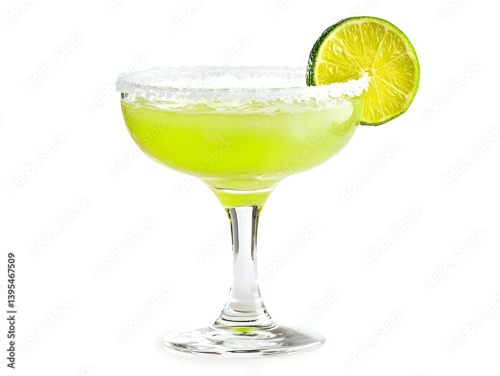Classic Margarita Cocktail with Lime Wedge and Salt Rim on White Background