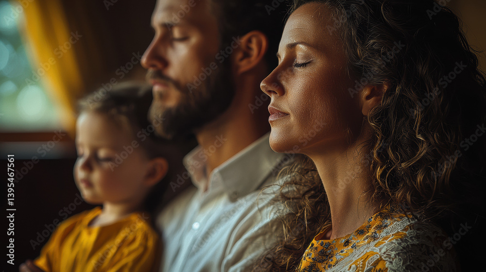 Fototapeta premium A serene family of three adults and a young child sits together quietly meditating peacefully in warm indoor lighting at home.