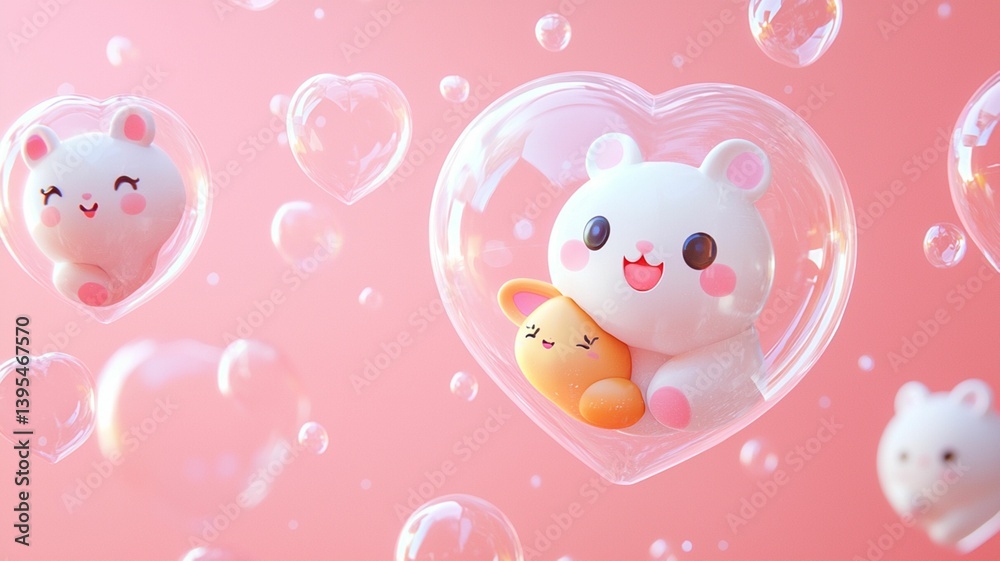 Cute Animals in Bubbles with Heart-Shaped Background