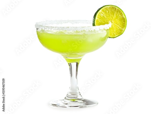 Classic Margarita Cocktail with Lime Wedge and Salt Rim on White Background