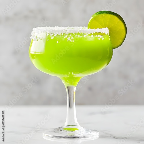 Classic Margarita Cocktail with Lime Wedge and Salt Rim on White Background