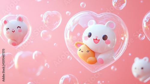 Obraz na płótnie Cute Animals in Bubbles with Heart-Shaped Background w salonie