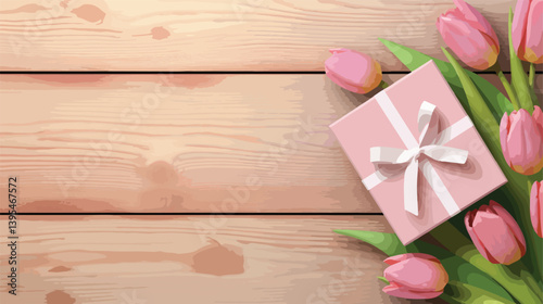 Beautiful Gift Box with Greeting Card for Mother's Day on Wooden Background