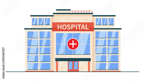modern hospital building with glass windows, a red sign displaying 
