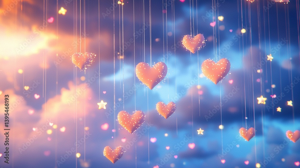 Floating Hearts and Stars Under Colorful Sky