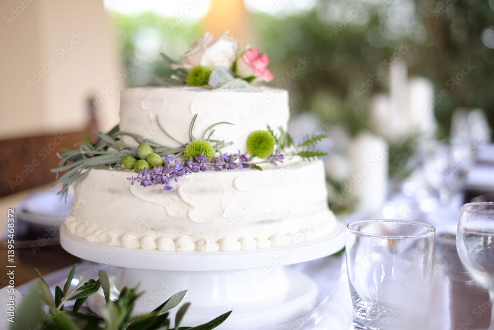 Close-up of a tiered wedding cake with buttercream icing on a cakestand at a wedding reception Close-up of a tiered wedding cake with buttercream icing on a cakestand at a wedding reception