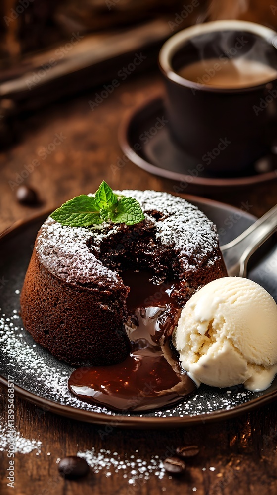 Decadent Chocolate Lava Cake with Melted Center and Vanilla Ice Cream