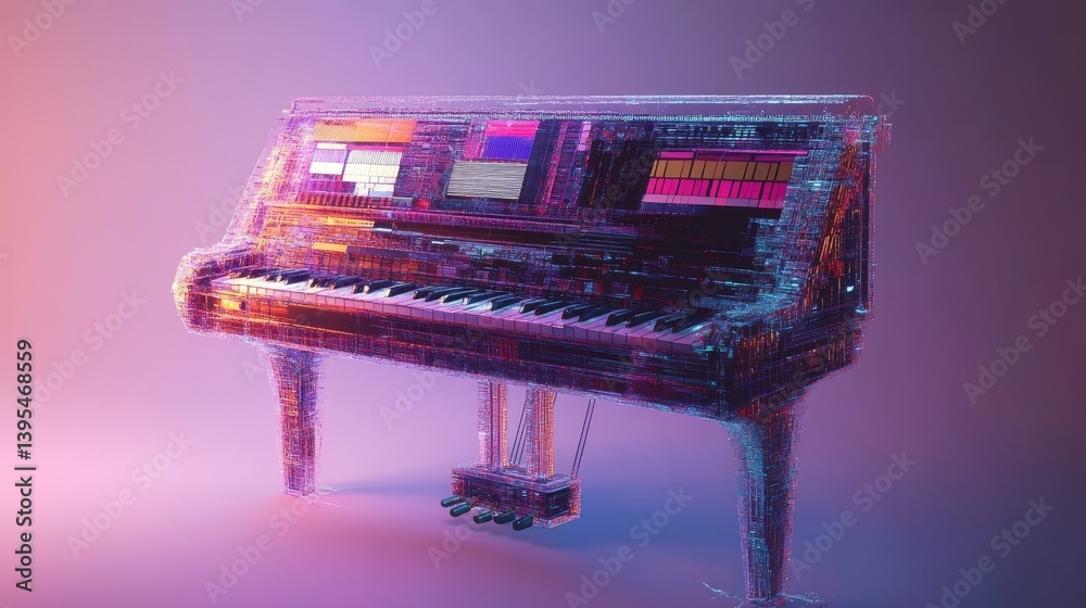 Upright piano with colorful lights and screens on top against a gradient background.
