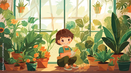 Charming Young Gardener with Indoor Plants Vector Illustration for Projects