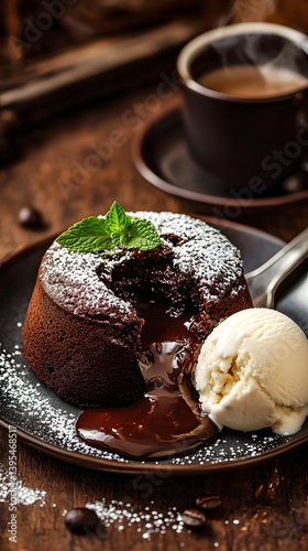 Decadent Chocolate Lava Cake with Melted Center and Vanilla Ice Cream