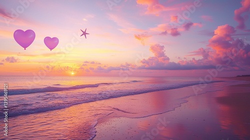 Obraz na płótnie Serene Sunset Over Ocean with Balloons and Starfish w salonie