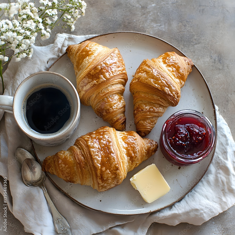 Golden Brown French Croissants with Butter and Coffee on a Wooden Table