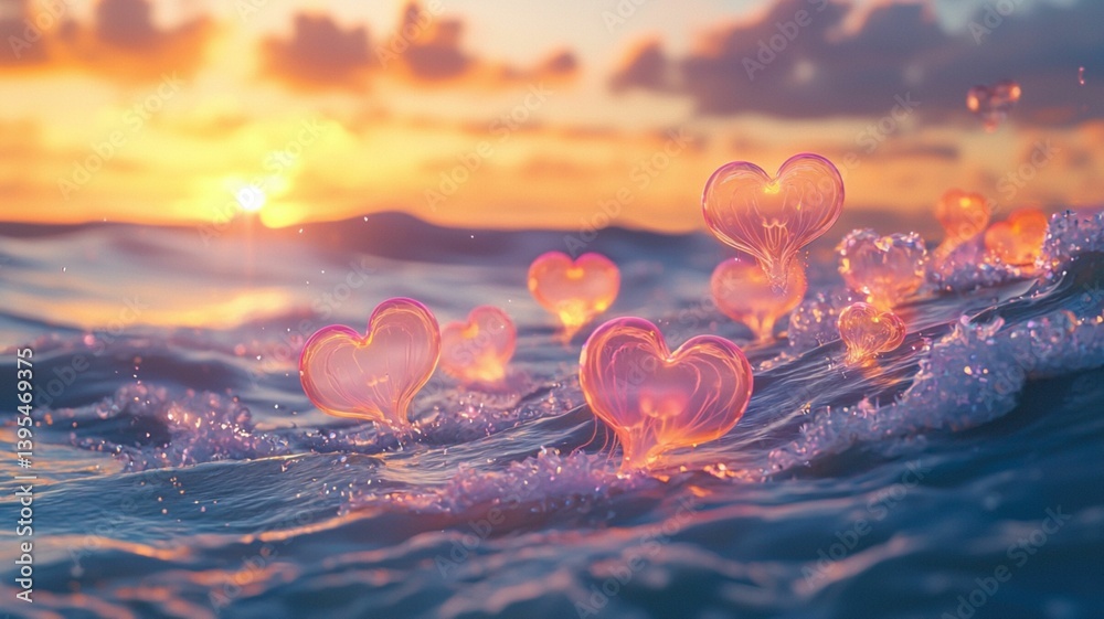Enchanted Hearts Floating on Waves at Sunset