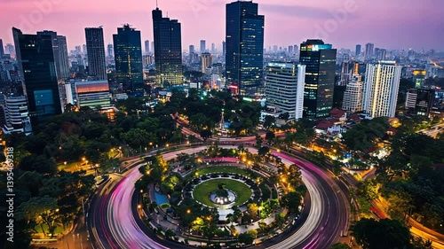 Captivating aerial twilight view of Jakarta's skyline and roundabout with light trails
