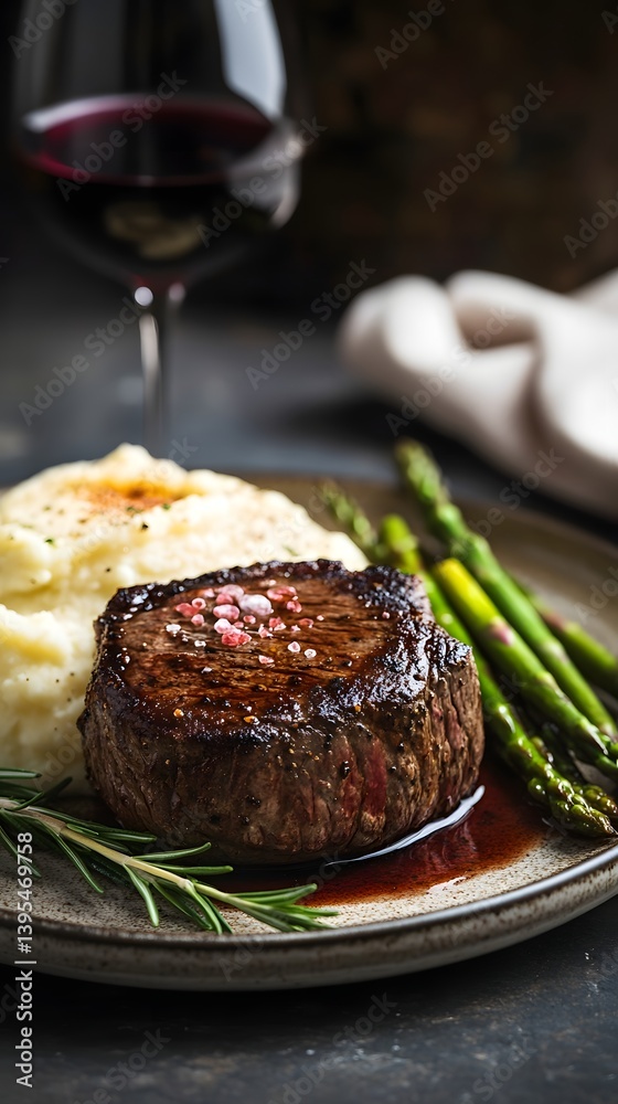 Gourmet Fine Dining: Elegant Medium-Rare Steak with Red Wine Sauce on a Rustic Plate