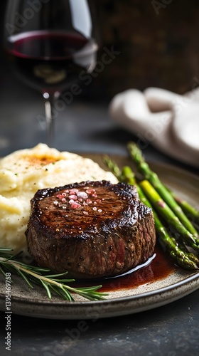 Obraz na płótnie Gourmet Fine Dining: Elegant Medium-Rare Steak with Red Wine Sauce on a Rustic Plate w salonie
