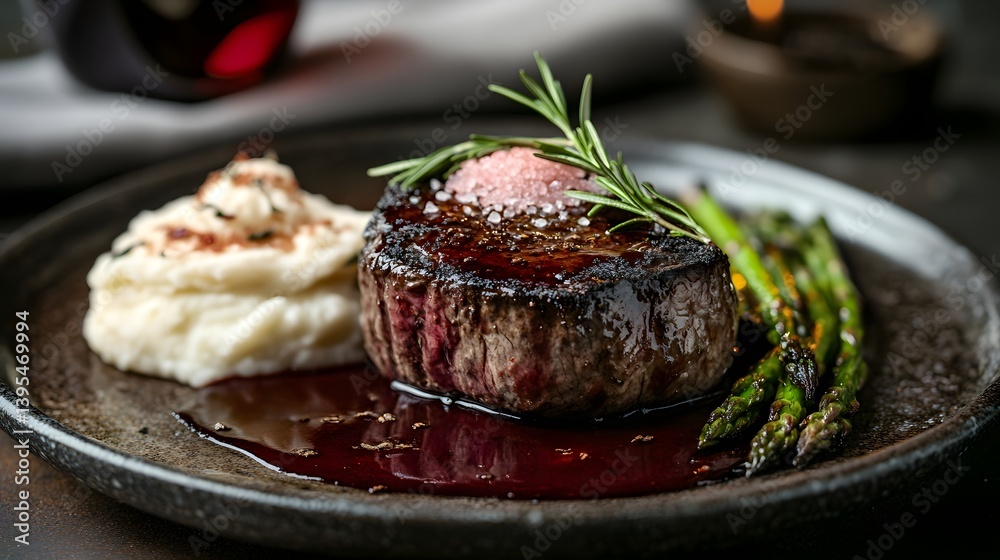 Gourmet Fine Dining: Elegant Medium-Rare Steak with Red Wine Sauce on a Rustic Plate