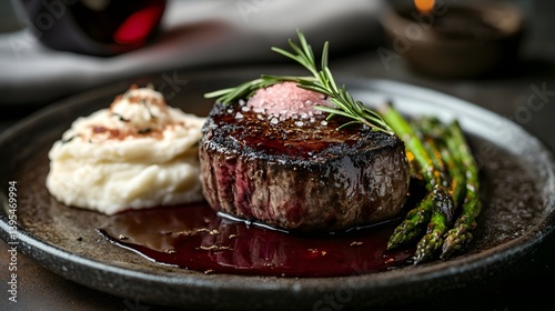 Obraz na płótnie Gourmet Fine Dining: Elegant Medium-Rare Steak with Red Wine Sauce on a Rustic Plate w salonie