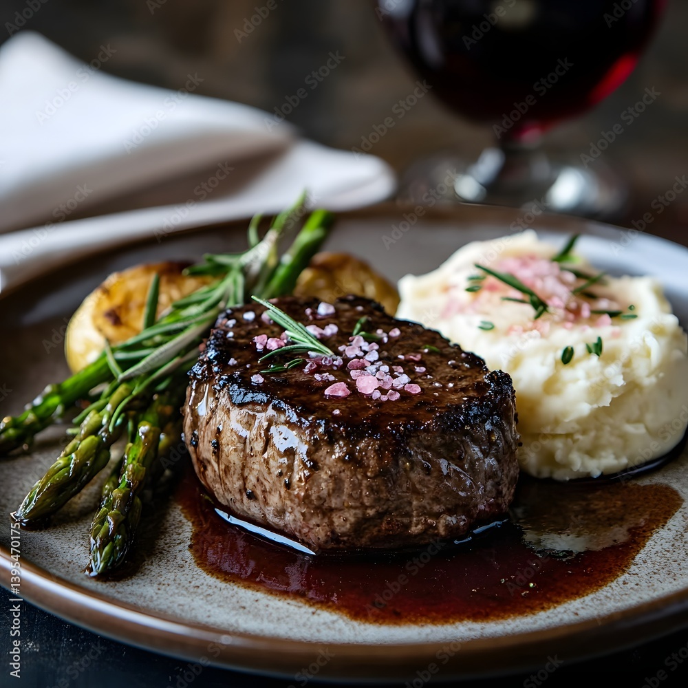 Gourmet Fine Dining: Elegant Medium-Rare Steak with Red Wine Sauce on a Rustic Plate