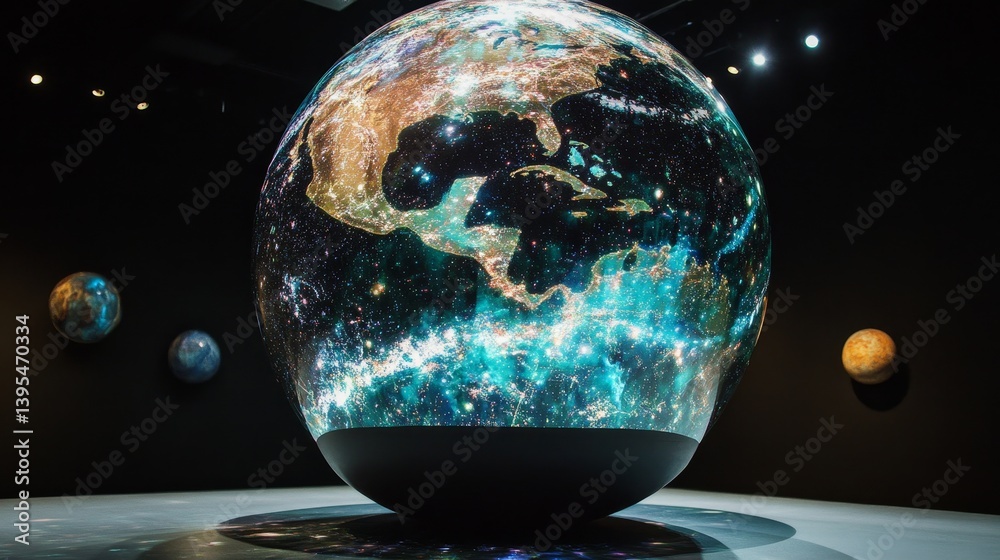 Illuminated globe showing continents and oceans with smaller planets in background.