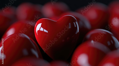 Shiny red hearts clustered together