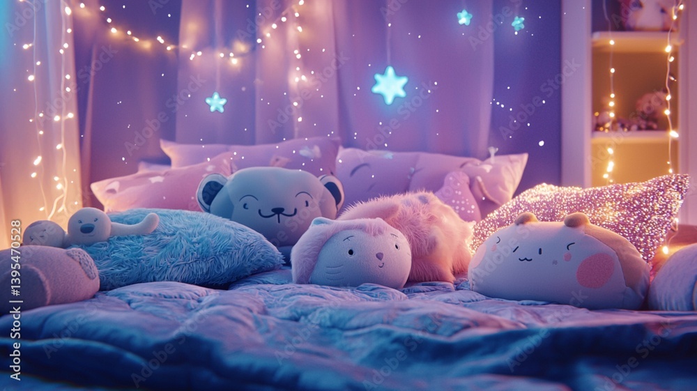 Cozy Bed with Cute Plush Toys and Soft Lighting