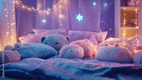 Obraz na płótnie Cozy Bed with Cute Plush Toys and Soft Lighting w salonie