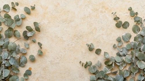 A flat lay image showcases eucalyptus sprigs arranged symmetrically on a beige textured background leaving ample space in the center for text or design elements.