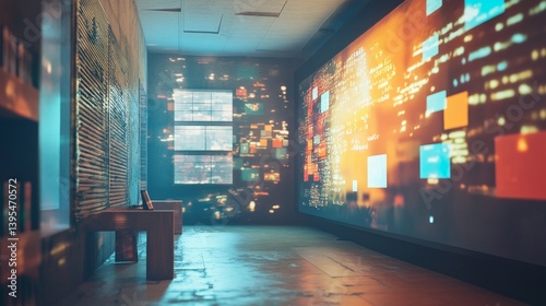 Obraz na płótnie Interior view of a room with digital display showing abstract colorful data. w salonie