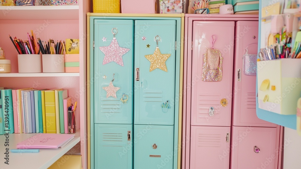 Colorful School Lockers in Cheerful Classroom Setting