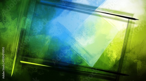 Grunge abstract frame with modern blue and green tones featuring textured edges, distressed effects, and artistic vector composition for creative graphic design use.