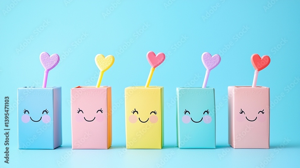 Colorful smiling boxes with heart-shaped straws display