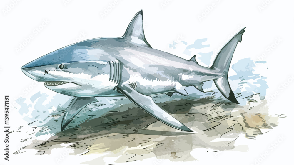 Fototapeta premium Realistic Color Pencil Drawing of a Big Gray Shark - Vector Illustration for Designs