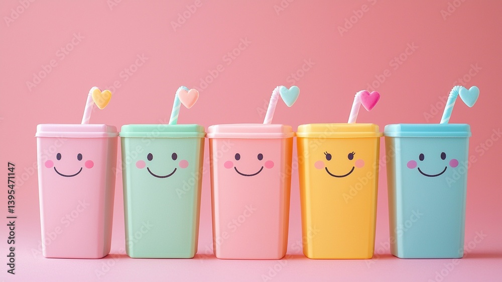 Cute Colorful Cups with Smiley Faces on Pink Background