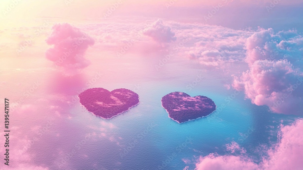 Romantic Heart-Shaped Islands in Colorful Sky