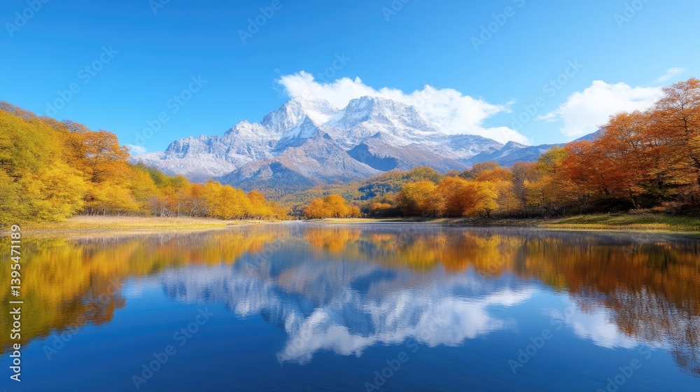 Fototapeta premium Serene autumnal mountain lake reflecting a snow-capped peak