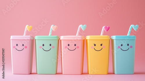 Obraz na płótnie Cute Colorful Cups with Smiley Faces on Pink Background w salonie