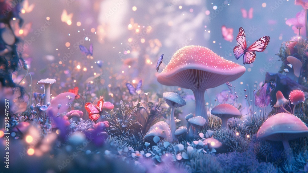 Enchanted Forest with Colorful Mushrooms and Butterflies