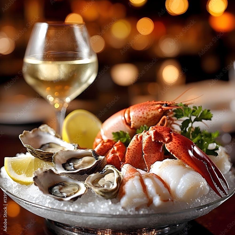 Luxury Seafood Platter with Fresh Oysters, Lobster, and Lemon Wedges