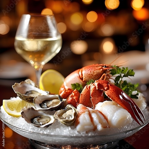 Obraz na płótnie Luxury Seafood Platter with Fresh Oysters, Lobster, and Lemon Wedges w salonie